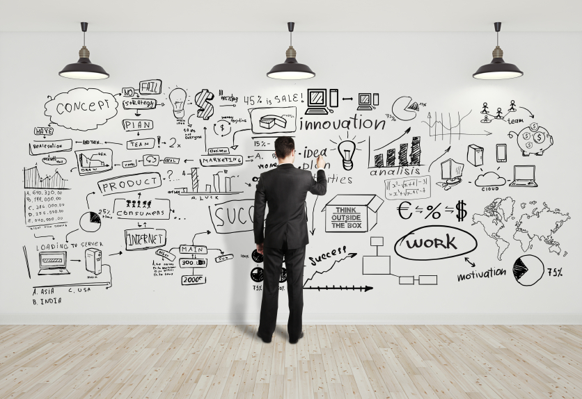 businssman drawing business concept on white wall